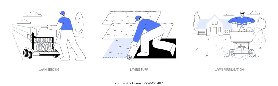 Meadow maintenance service abstract concept vector illustration set. Lawn seeding, laying turf, grass fertilization, gardener in uniform performs landscaping works, exterior works abstract metaphor.