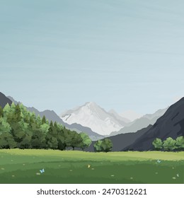 Meadow in the middle of valley surrounded by mountains and pine forest graphic illustrated have blank space.