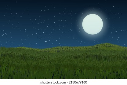 Meadow In The Moonlight. Beautiful Night In Grassland