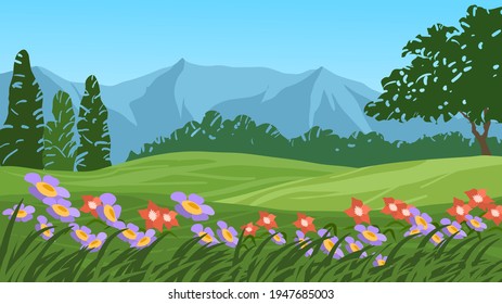 Meadow and mountain nature landscape illustration with flowers