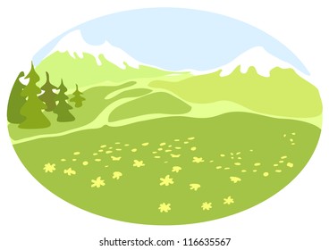 Meadow in a mountain valley. Vector illustration.