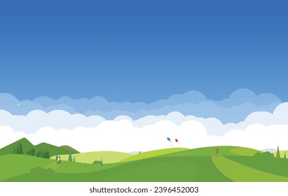 Wiese in den Bergen. Menschen, die auf Hügeln ruhen und spielen. Bäume und grünes Gras auf den Hügeln. Kinder, die mit Drachen spielen. Blauer Himmel und weiße Wolken hoch in den Bergen.