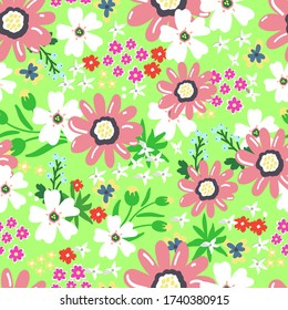 Meadow multicolored flowers on a light green background. Vector seamless pattern for textiles, fabric, packaging paper, background, Wallpaper.
