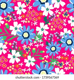 Meadow multicolored flowers on a pink background. Vector seamless pattern for textiles, fabric, packaging paper, background, Wallpaper.