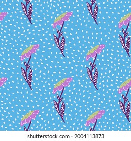 Meadow nature seamless pattern with field flowers elements print. Blue bright dotted background. Decorative backdrop for fabric design, textile print, wrapping, cover. Vector illustration.