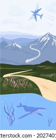 Meadow on a sunny day vector stock illustration. Nature vertical wallpaper. Green field, hill, road, forest sky view, clouds, birds, mountains, fog. Isolated on a white background.