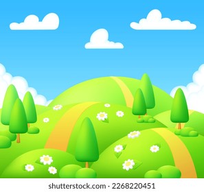 Ilustración 3d del panorama del prado. Luminoso paisaje de fondo de niños del valle verde. Colorida y bonita escena con hierba verde primavera, árboles, flores de camomila, cielo azul, sol, nubes para el juego de los niños.