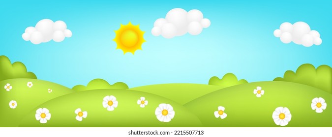 Meadow panorama 3d vector illustration. Bright landscape of green valley kids background. Colorful cute scenery with spring green grass, trees, flowers, blue sky, sun, clouds for children's sites.