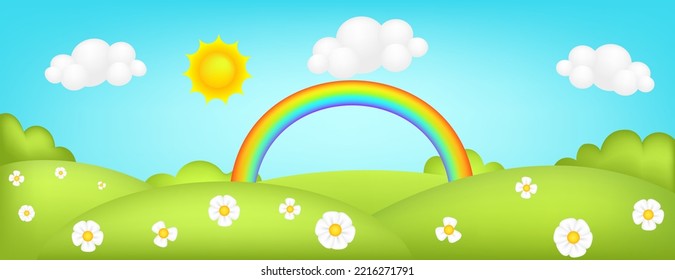 Meadow panorama 3d vector illustration. Fantastic landscape with rainbow on green valley kids background. Colorful cute scenery with flowers, spring grass, blue sky for children's sites or printing.