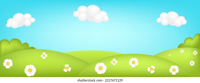 Meadow panorama 3d vector illustration. Bright landscape of green valley kids background. Colorful cute scenery with spring green grassland, trees, flowers, blue sky, clouds for children's sites.