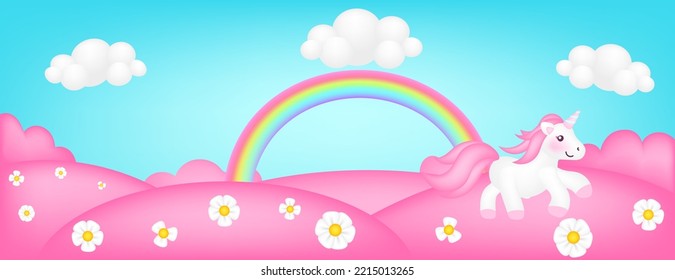 Meadow panorama vector illustration. Bright landscape of pink valley kids background. Colorful cute scene with fantasy candy trees, flowers, blue sky, rainbow, unicorn clouds for children sites.