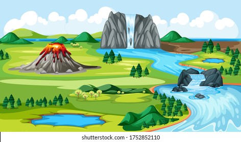 Meadow park and volcano with water fall river side landscape scene illustration