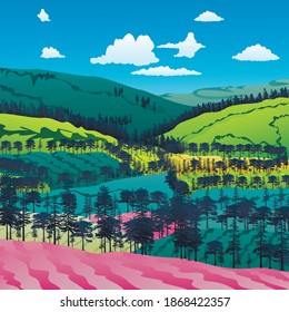 Meadow and Pine Trees Landscape. Fields and forest gradient illustration.