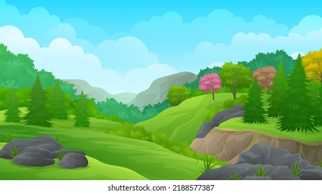 Meadow and Pine Trees and rocks, Panoramic view spring landscape