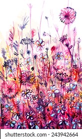 meadow of pink flowers/ dandelion/ abstract watercolor background/ vector illustration