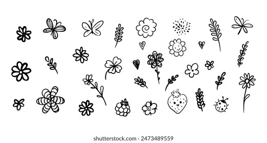 Meadow plants and bugs hand drawn doodle illustration set. Summer season nature linear objects on white background. Wild flora and fauna