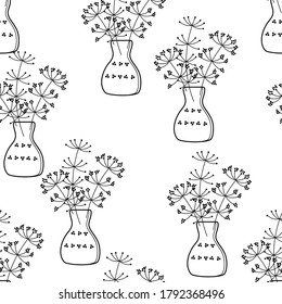Meadow plants in a vase.Seamless pattern. Branches and jug, hand drawn outline. Vector illustratin