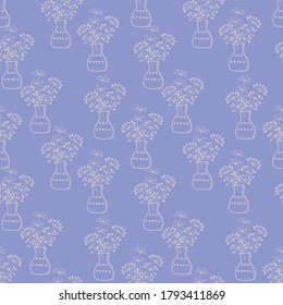 Meadow plants in a vase.Seamless pattern. Branches and jug, hand drawn outline. Vector illustratin