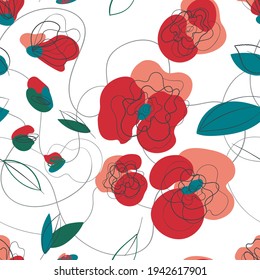 Meadow poppy floral seamless pattern. Summer garden retro texture. Vector hand-drawing countryside pattern. Spring floral vector illustration. White background. Millefleur line-art print