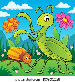 Wiese mit Gottesanbeter und Bug - eps10 Vektorgrafik.