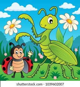 Meadow with praying mantis and ladybug - eps10 vector illustration.