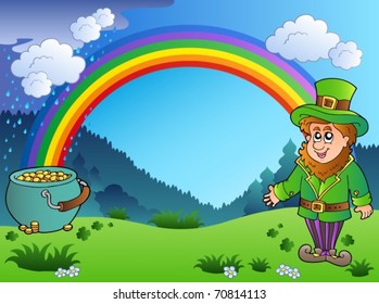 Zorra con arco iris y leprechaun - ilustración vectorial.