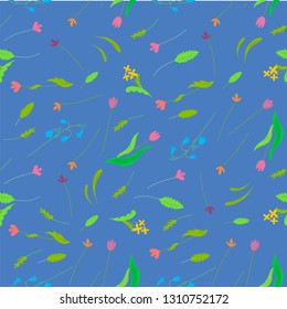 Meadow romantic colorful seamless pattern on blue. Pink, blue, yellow flower, green flower stock vector illustration design element stock vector illustration for web, for print, for fabric print