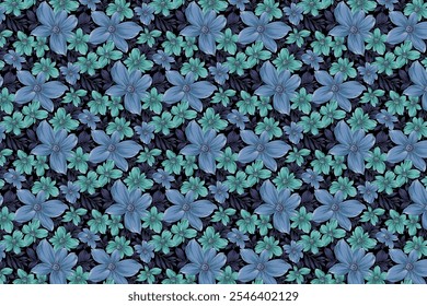Wiese nahtloses Muster. Pflanzenhintergrund für Mode, Tapeten, Druck. Viele verschiedene Blumen auf dem Feld. Millefleurs im Liberty-Stil. Trendy Blumendesign