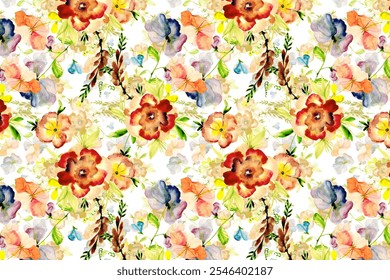 meadow seamless pattern. Plant background for fashion, wallpapers, print. A lot of different flowers on the field. Liberty style millefleurs. Trendy floral design