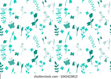 Meadow seamless pattern with a lot of spring and summer flowers. There are bug and butterfly. There are garden and forest flowers such as marigold, snowdrop and forget-me-not