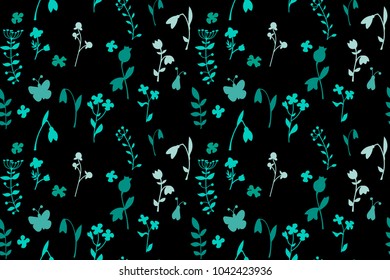 Meadow seamless pattern with a lot of spring and summer flowers. There are bug and butterfly. There are garden and forest flowers such as marigold, snowdrop and forget-me-not