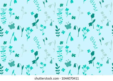 Meadow seamless pattern with a lot of spring and summer flowers. There are bug and butterfly. There are garden and forest flowers such as marigold, snowdrop and forget-me-not