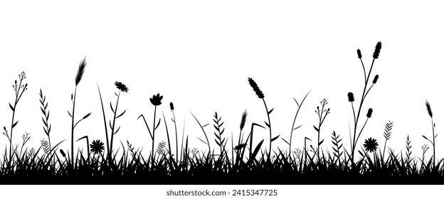 Meadow silhouette with grass and wild flowers in black on transparent background 