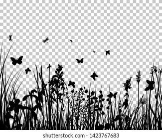 Meadow silhouette with transparency grid on back. Vector Illustration.