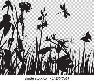 Meadow silhouette with transparency grid on back. Vector Illustration.
