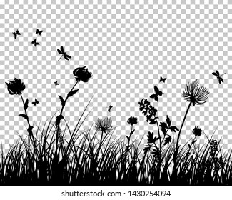 Meadow silhouette with transparency grid on back. Vector Illustration.