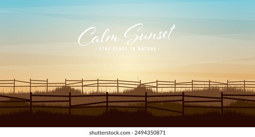 Meadow silhouettes with grass. Countryside, panoramic summer lawn rural landscape with herbs, weeds. Agriculture and farming. Summer sunset in nature, wildlife. Vector illustration.