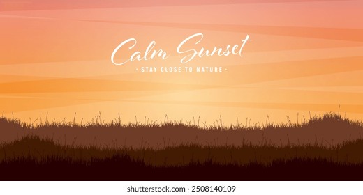 Meadow silhouettes with grass. Countryside, panoramic summer lawn rural landscape with herbs, weeds. Agriculture and farming. Summer sunset in nature, wildlife. Vector illustration