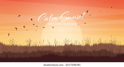 Siluetas de prado con hierba. Campo, paisaje rural de césped de verano panorámico con hierbas, malas hierbas. Agricultura y ganadería. Puesta de sol de verano en la naturaleza, la vida silvestre. Ilustración vectorial