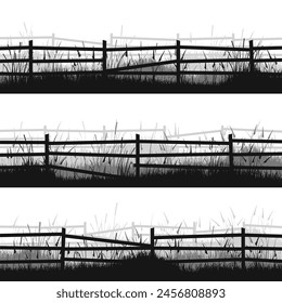 Meadow silhouettes with grass and old wooden fence. Countryside, panoramic summer lawn rural landscape with herbs, weeds. Herbal border, frame element. Black horizontal banners. Vector illustration