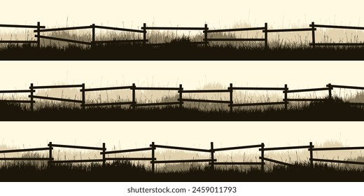 Meadow silhouettes with grass and old wooden fence. Countryside, panoramic summer lawn rural landscape with herbs, weeds. Herbal border, frame element. Brown horizontal banners. Vector illustration