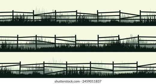 Meadow silhouettes with grass and old wooden fence. Countryside, panoramic summer lawn rural landscape with herbs, weeds. Herbal border, frame element. Green horizontal banners. Vector illustration