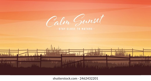 Meadow silhouettes with grass and old wooden fence. Countryside, panoramic summer lawn rural landscape with herbs, weeds. Agriculture and farming. Summer sunset in nature. Vector illustration