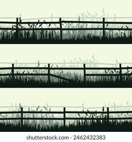 Meadow silhouettes with grass and old wooden fence. Countryside, panoramic summer lawn rural landscape with herbs, weeds. Herbal border, frame element. Green horizontal banners. Vector illustration