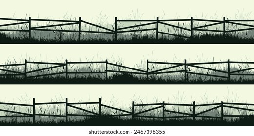 Meadow silhouettes with grass and old wooden fence. Countryside, panoramic summer lawn rural landscape with herbs, weeds. Herbal border, frame element. Green horizontal banners. Vector illustration
