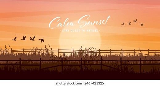 Meadow silhouettes with grass and old wooden fence. Countryside, panoramic summer lawn rural landscape with herbs, weeds. Agriculture and farming. Summer sunset in nature. Vector illustration