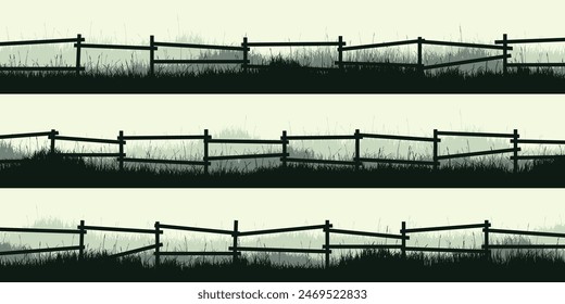 Meadow silhouettes with grass and old wooden fence. Countryside, panoramic summer lawn rural landscape with herbs, weeds. Herbal border, frame element. Green horizontal banners. Vector illustration