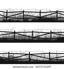 Meadow silhouettes with grass and old wooden fence. Countryside, panoramic summer lawn rural landscape with herbs, weeds. Herbal border, frame element. Black horizontal banners. Vector illustration