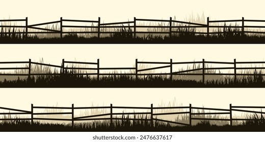Meadow silhouettes with grass and old wooden fence. Countryside, panoramic summer lawn rural landscape with herbs, weeds. Herbal border, frame element. Brown horizontal banners. Vector illustration