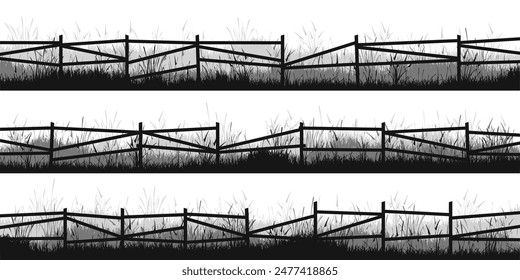 Meadow silhouettes with grass and old wooden fence. Countryside, panoramic summer lawn rural landscape with herbs, weeds. Herbal border, frame element. Black horizontal banners. Vector illustration
